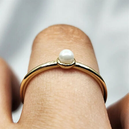 Gümüş Yüzük - İnci Minimal Tasarım Tek Taş 925 Ayar Gümüş Yüzük