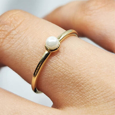 Gümüş Yüzük - İnci Minimal Tasarım Tek Taş 925 Ayar Gümüş Yüzük