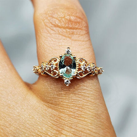 Gümüş Yüzük - Fox 0.50 Karat Love Su Yeşili Prenses Rose 925 Ayar Gümüş Evlilik Teklifi Yüzüğü	