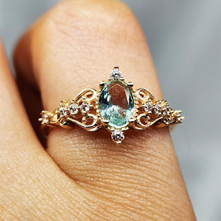 Gümüş Yüzük - Fox 0.50 Karat Love Su Yeşili Prenses Rose 925 Ayar Gümüş Evlilik Teklifi Yüzüğü	