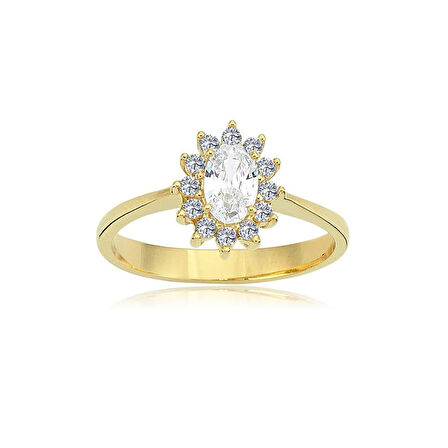 Gümüş Yüzük - 1.10 Karat Oval 0.24 Karat Swarovski Taşlı Anturajlı 925 Ayar Gümüş Hediyelik Yüzük