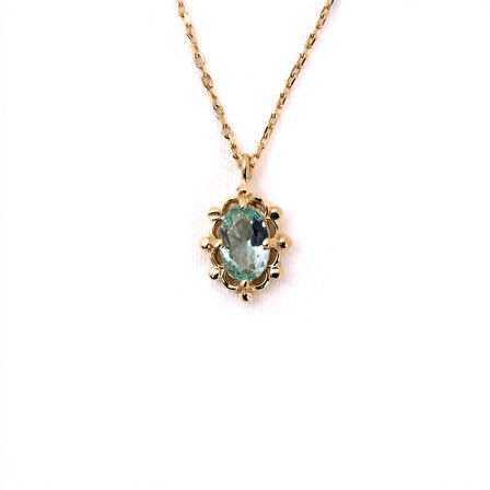Vintage Tasarım Green Topaz (Su Yeşili) Taşlı 14 Ayar Altın Kolye
