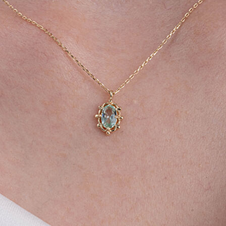 Vintage Tasarım Green Topaz (Su Yeşili) Taşlı 14 Ayar Altın Kolye