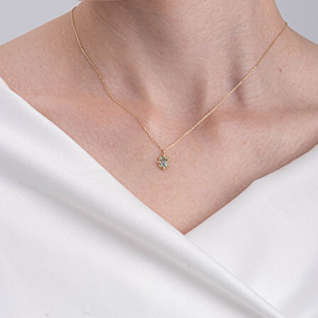 Vintage Tasarım Green Topaz (Su Yeşili) Taşlı 14 Ayar Altın Kolye