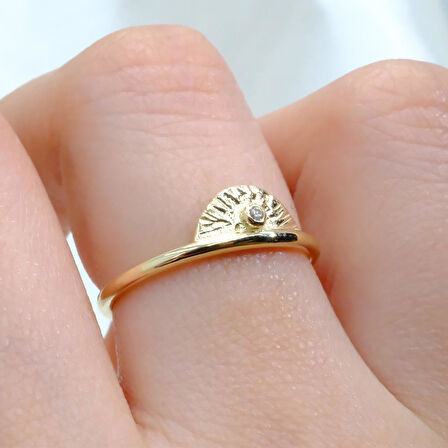 Mini Swarovski Taşlı Yelpaze 14 Ayar Altın Kadın Yüzük-Hediye Altın Yüzük