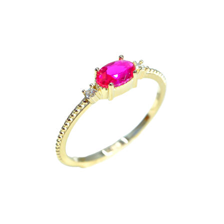 Oval Kesim Yakut Taşı Yan Zirkon Taşlı Modern Tasarım 14 Ayar Altın Yüzük Tektaş Günlük-Hediyelik