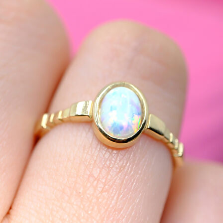 Opal Taşlı Oval Kesim Boğumlu Tektaş Modern Tasarım 14 Ayar Altın Kadın Yüzük Günlük-Hediyelik