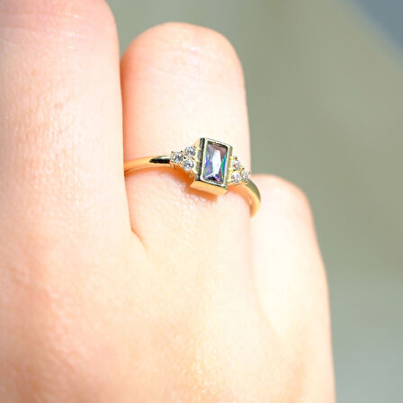 Baget Kesim Mistik Topaz Yan Zirkon Taşlı Modern 925 Ayar Gümüş Tektaş Yüzük Günlük-Hediyelik