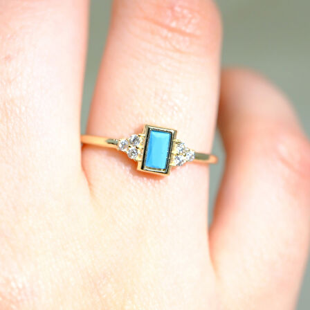 Baget Kesim Firuze-Turkuaz Yan Zirkon Taşlı Modern 925 Ayar Gümüş Tektaş Yüzük Günlük-Hediyelik