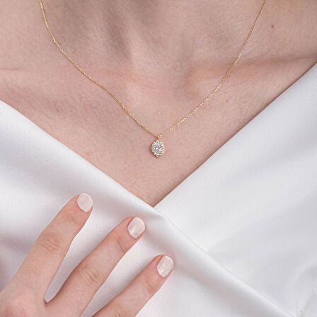 Oval Signity (Zirkon) Taşlı Modern Tasarım 14 Ayar Altın Kolye