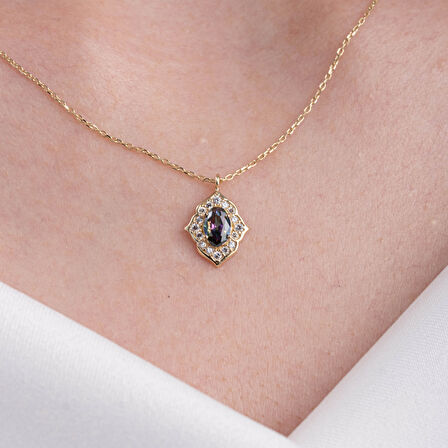 Vintage Mistik Topaz Taşlı Minimal Tarz Tasarım 925 Ayar Doğal Taşlı Gümüş Kolye