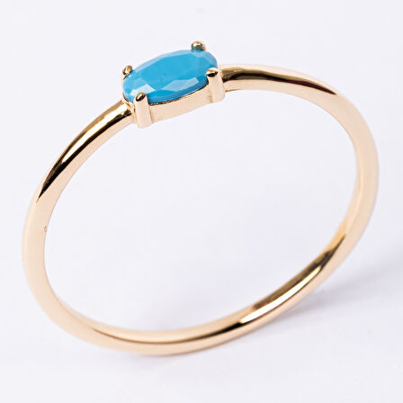 Tektaş Altın Yüzük - Oval Turkuaz Taşlı 14 Ayar Tek Taş Altın Yüzük - Hediyelik Altın Yüzük