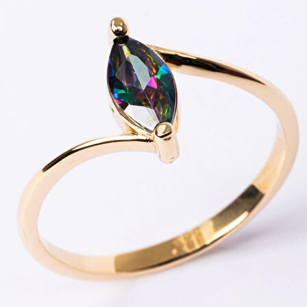 Gümüş Yüzük - 0.60 Karat Mekik Mistik Topaz Taşlı Es 925 Ayar Gümüş Evlilik Teklifi Yüzüğü