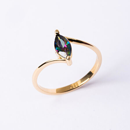 Gümüş Yüzük - 0.60 Karat Mekik Mistik Topaz Taşlı Es 925 Ayar Gümüş Evlilik Teklifi Yüzüğü