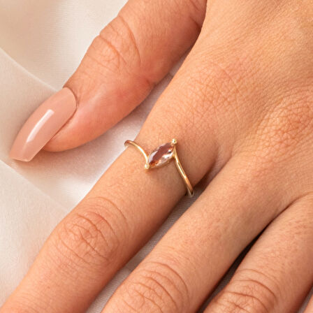 Gümüş Yüzük - 0.60 Karat Mekik Zultanit Taşlı Es 925 Ayar Gümüş Evlilik Teklifi Yüzüğü