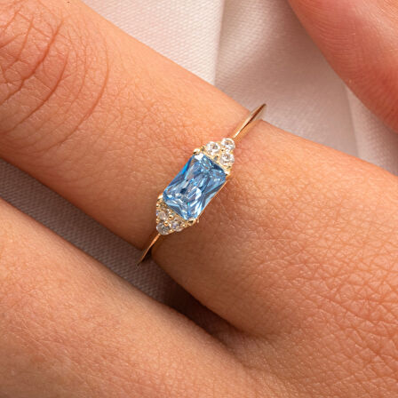 Gümüş Yüzük - Akuamarin Taşlı Zümrüt Kesim Modern Tasarım 925 Ayar Gümüş Yüzük