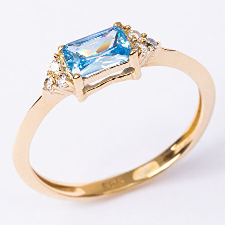 Gümüş Yüzük - Akuamarin Taşlı Zümrüt Kesim Modern Tasarım 925 Ayar Gümüş Yüzük