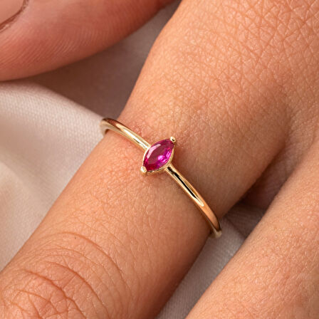 Gümüş Yüzük - Markiz Ruby Taşlı Minimal Tasarım Tektaş Kadın 925 Ayar Gümüş Yüzük