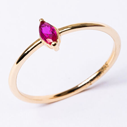 Gümüş Yüzük - Markiz Ruby Taşlı Minimal Tasarım Tektaş Kadın 925 Ayar Gümüş Yüzük