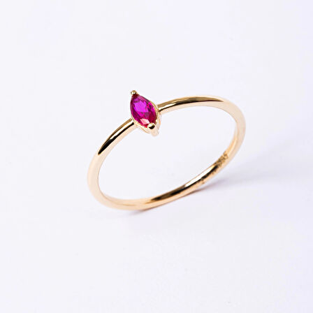 Gümüş Yüzük - Markiz Ruby Taşlı Minimal Tasarım Tektaş Kadın 925 Ayar Gümüş Yüzük