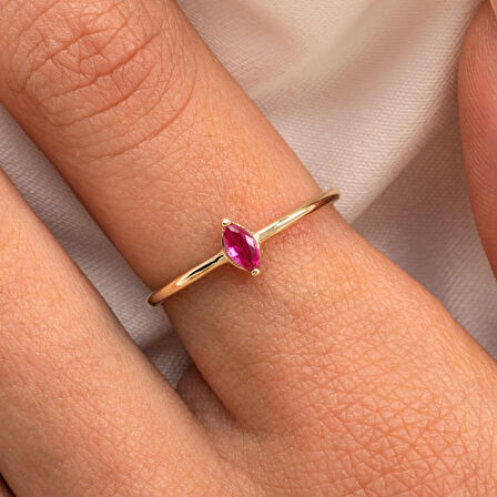 Gümüş Yüzük - Markiz Ruby Taşlı Minimal Tasarım Tektaş Kadın 925 Ayar Gümüş Yüzük