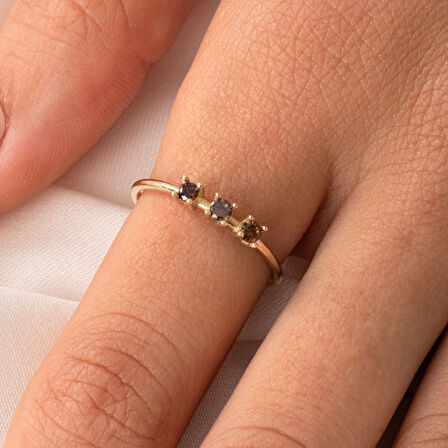 Gümüş Yüzük - Smoky (Kahverengi) Tria Taşlı Modern Tasarım 925 Ayar Gümüş Yüzük