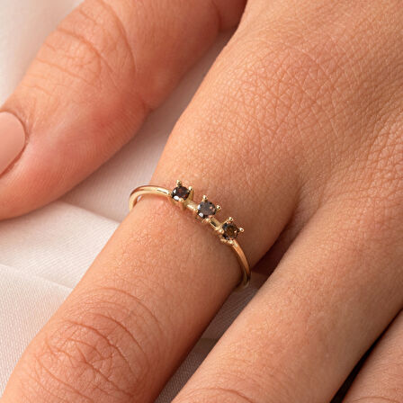 Gümüş Yüzük - Smoky (Kahverengi) Tria Taşlı Modern Tasarım 925 Ayar Gümüş Yüzük