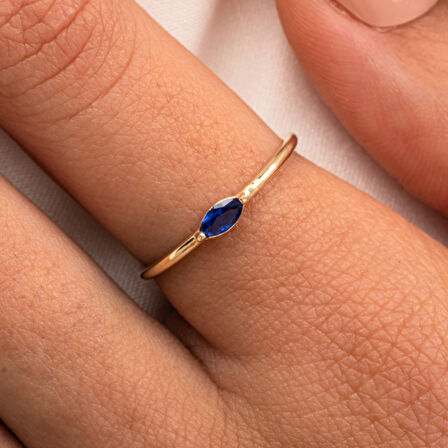 Gümüş Yüzük - Markiz Safir Taşlı Minimal Tasarım Tektaş Kadın 925 Ayar Gümüş Yüzük