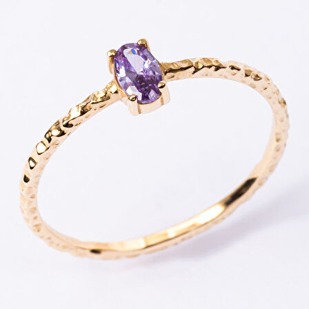 Gümüş Yüzük - Ametist Taşlı Dövülü Eskitme Minimal Tasarım Tektaş 925 Ayar Gümüş Yüzük