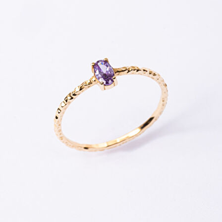 Gümüş Yüzük - Ametist Taşlı Dövülü Eskitme Minimal Tasarım Tektaş 925 Ayar Gümüş Yüzük