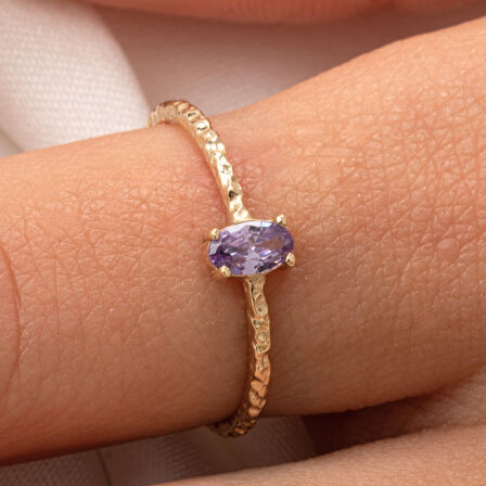 Gümüş Yüzük - Ametist Taşlı Dövülü Eskitme Minimal Tasarım Tektaş 925 Ayar Gümüş Yüzük