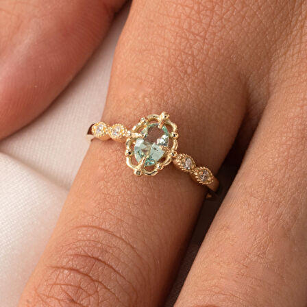 Gümüş Yüzük - Green Topaz Taşlı Gelin Başı Tektaş 925 Ayar Gümüş Evlilik Teklifi Yüzüğü