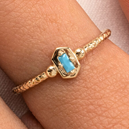 Gümüş Yüzük - Mini Baget Firuze (Turkuaz) Taşlı Minimal Özel Tasarım 925 Ayar Gümüş Yüzük