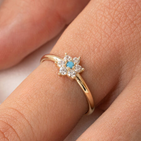 Gümüş Yüzük - Mini Papatya Firuze (Turkuaz) Taşlı Minimal Tasarım 925 Ayar Gümüş Yüzük