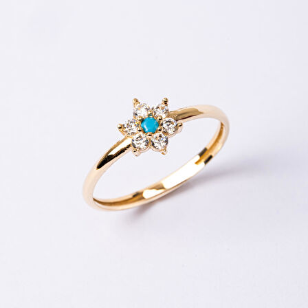 Gümüş Yüzük - Mini Papatya Firuze (Turkuaz) Taşlı Minimal Tasarım 925 Ayar Gümüş Yüzük