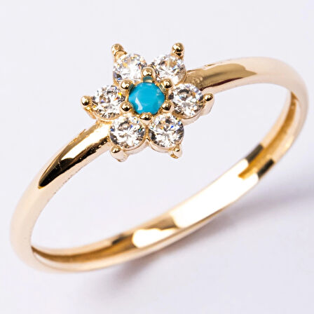 Gümüş Yüzük - Mini Papatya Firuze (Turkuaz) Taşlı Minimal Tasarım 925 Ayar Gümüş Yüzük