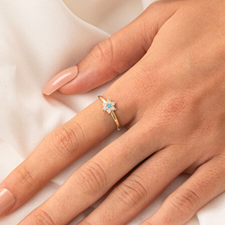 Gümüş Yüzük - Mini Papatya Firuze (Turkuaz) Taşlı Minimal Tasarım 925 Ayar Gümüş Yüzük