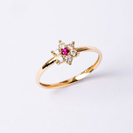 Gümüş Yüzük - Mini Papatya Ruby Taşlı Minimal Tasarım 925 Ayar Gümüş Yüzük