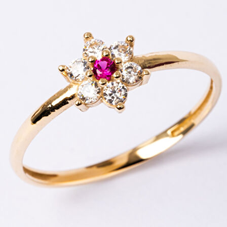 Gümüş Yüzük - Mini Papatya Ruby Taşlı Minimal Tasarım 925 Ayar Gümüş Yüzük