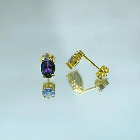 Gümüş Küpe - 1.10 Karat Mistik Topaz Oval Taşlı 925 Ayar Gümüş Küpe