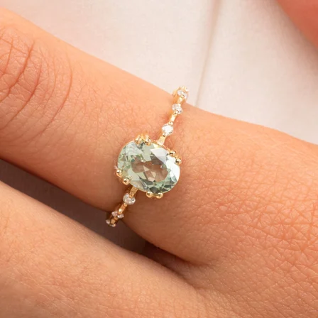 Altın Yüzük - 0.12 Karat Pırlanta Taşlı 0.95 Karat Su Yeşili 14 Ayar Altın Evlilik Teklifi Yüzüğü