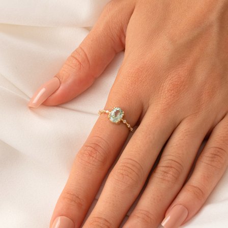 Altın Yüzük - 0.12 Karat Pırlanta Taşlı 0.95 Karat Su Yeşili 14 Ayar Altın Evlilik Teklifi Yüzüğü