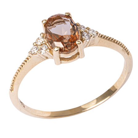 Altın Yüzük - 0.10 Karat Pırlanta Taşlı Oval Kesim Zultanit Taşlı Modern Tasarım 14 Ayar Altın Yüzük