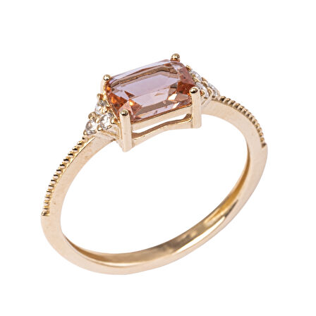 Altın Yüzük-0.09 Karat Pırlanta Taşlı Zümrüt Kesim Zultanit Taşlı Modern Tasarım 14 Ayar Altın Yüzük