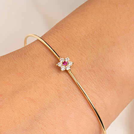 Altın Bilezik - Yakut Taşlı Çiçek Tasarım Zarif 14 Ayar Altın Bilezik