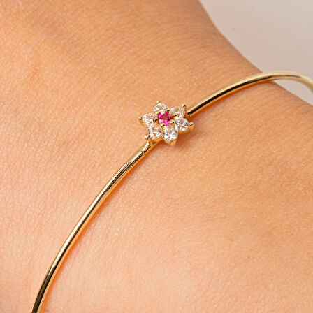 Altın Bilezik - Yakut Taşlı Çiçek Tasarım Zarif 14 Ayar Altın Bilezik