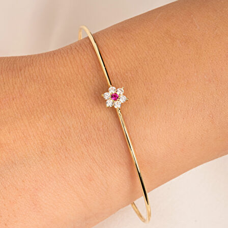 Altın Bilezik - Yakut Taşlı Çiçek Tasarım Zarif 14 Ayar Altın Bilezik