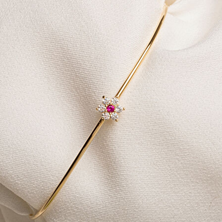 Altın Bilezik - Yakut Taşlı Çiçek Tasarım Zarif 14 Ayar Altın Bilezik