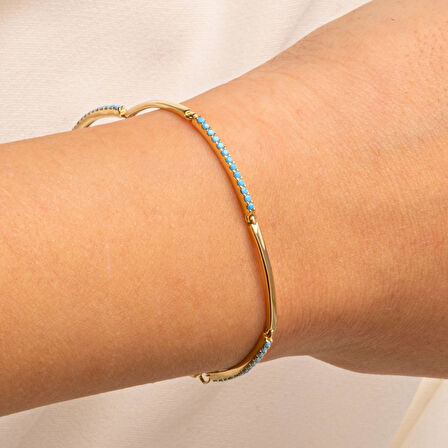 Altın Bileklik - Sıra Firuze (Turkuaz) Taşlı Modern Tasarım Şık 14 Ayar Altın Bileklik
