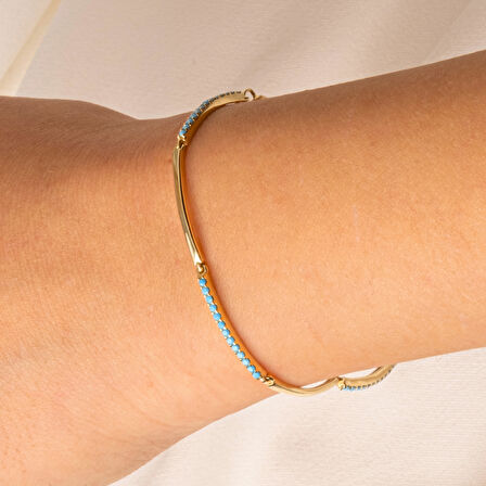 Altın Bileklik - Sıra Firuze (Turkuaz) Taşlı Modern Tasarım Şık 14 Ayar Altın Bileklik